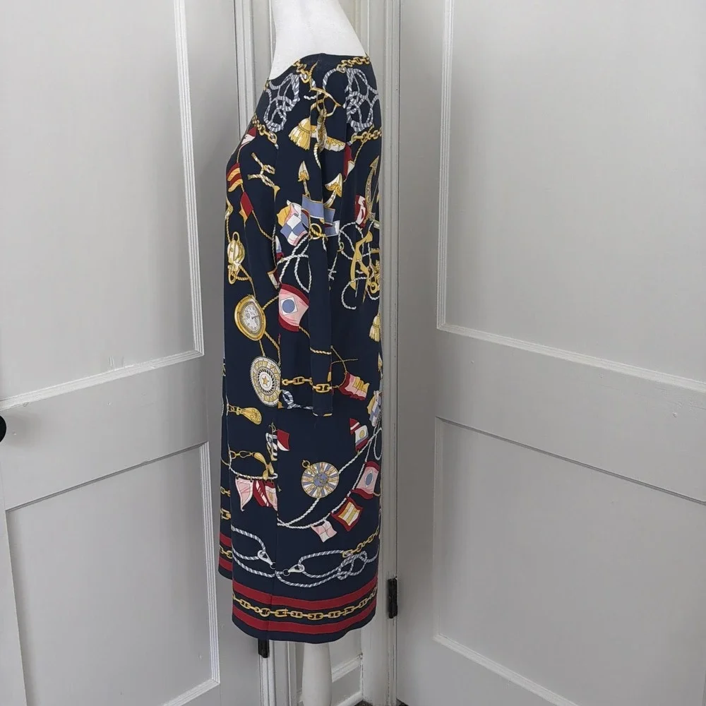 Talbots Dress Womens LP Navy Nautical Print Shift 3/4 Sleeve Stretch Petite - Picture 6 of 10